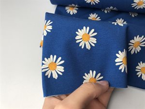 Bomuldsjersey - flotte margueritter på mellemblå bund